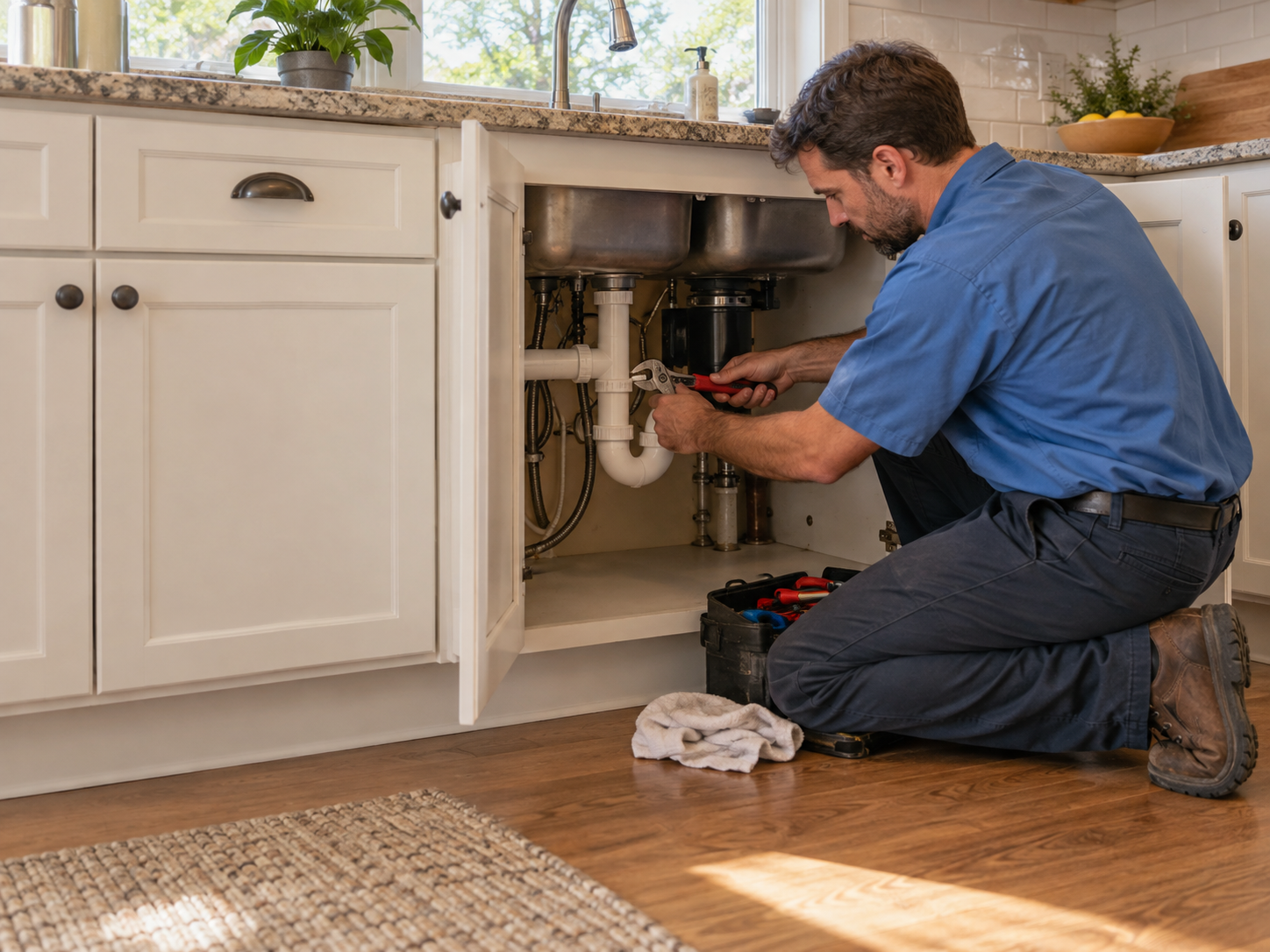 Plumber repairing pipes beneath a kitchen sink