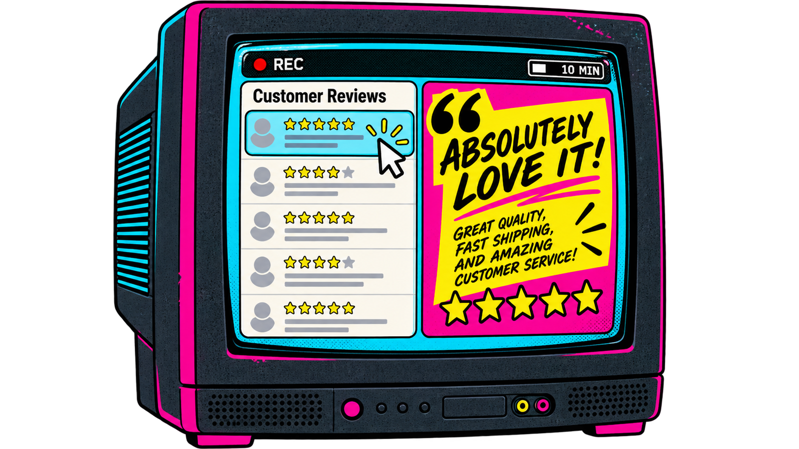 Retro television illustrating William’s screen recording, with a review, ad idea and mouse pointer