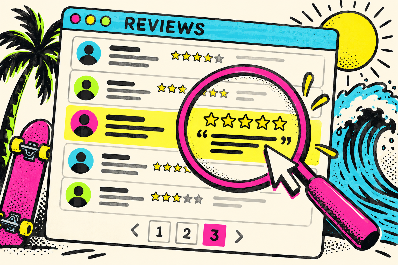 Review list with page three selected and a highlighted customer story